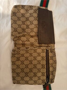 Gucci Brown Monogram Canvas Crossbody Pouch with Green-Red Strap
